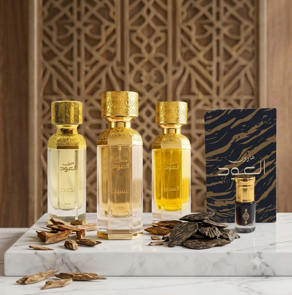 عرض بكج وقيه عود كلمنتان فاخر الاكثر مبيعا + عطر من اختيارك من عطور هارون عسيب , نجد , السدو + دهن عود فاخر
